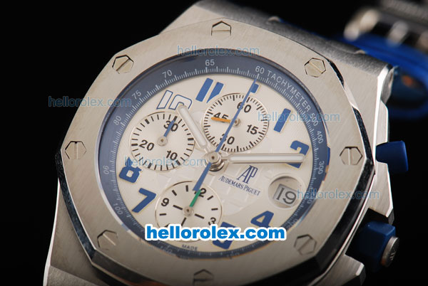 Audemars Piguet Royal Oak Chronograph Swiss Valjoux 7750 Automatic Movement White Dial with Blue Number Markers and Blue Leather Strap - Click Image to Close